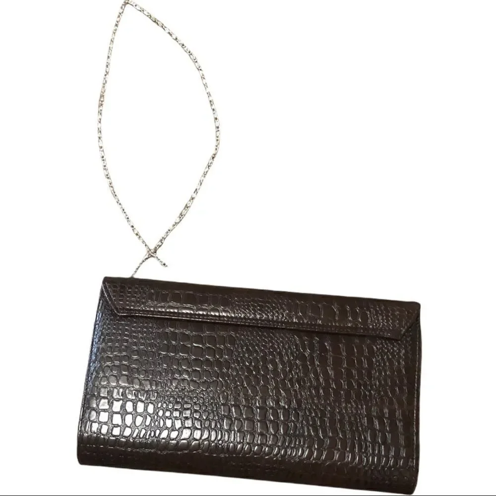 FAUX‎ Croc Embossed Convertible Clutch Bag Brown Chain Strap Crossbody Evening
